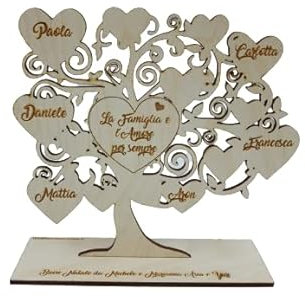 Albero della vita in legno di Pioppo o Betulla personalizzabile con nomi e frase/dedica centrale 21x21cm circa spessore 3mm con base d'appoggio.