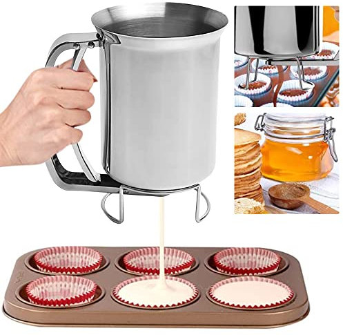 PERFETSELL Batter Separator 900ML Stainless Steel Pancake Batter Dispenser Waffles Cupcake Batter Dispenser Maker Manual Cooking Crepes Funnel Dispenser Kitchen Baking Tool for Muffin Cake (Silver)