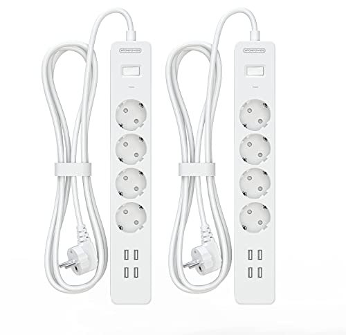 2 Stück-Steckdosenleiste 3 Meter Kabel, NTONPOWER Mehrfachsteckdose Überspannungsschutz 4 Fach 4 USB Langes Verlängerungskabel, Weiß