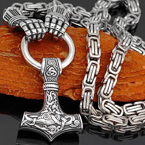 Men Thor's Hammer Viking Necklace, Silver Stainless Steel Nordic Mythology Mjolnir Amulet Pendant Jewelry, Multiple Style Animal Head Square King Chain,Hand,60 cm