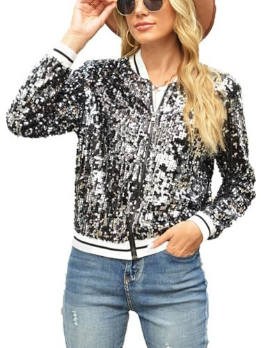 ORANDESIGNE Damen Langarm Stehkragen Pailletten Glitzer Bomberjacke Jacke Dünne Rib Rop Langarm Reißverschluss Bomberjacke Fliegenjacke Bikerjacke Jacke D Schwarz L