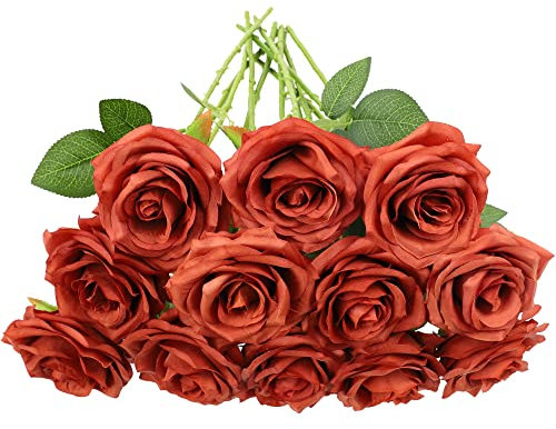 NEVISI Künstliche Rosen, 12 Stück, gebrannte Orange, Rosen, Seidenrosen, echt aussehende künstliche Blumen mit Stielen für DIY, Hochzeit, Blumensträuße, Blumenarrangements, Festival-Dekoration