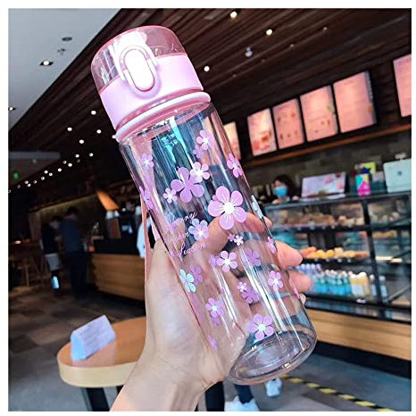 Botella Agua Botella de Agua 500ml Rosa Simple Flor Transparente Amor Taza De Plástico Pequeña Taza Literaria Fresca Taza De Agua con Tapa Pop Portátil para Pareja Garrafa Agua Botellas de Agua