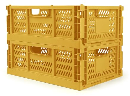 2 Pack Stackable Storage Crates, Plastic Foldable Baskets Large Golden