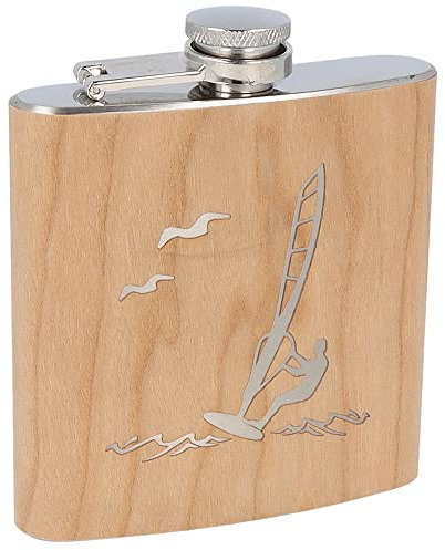 Spruchreif | Gravierter Edelstahl Flachmann | Holz Flachmann mit Gravur Surfer | Alkohol Flachmann | Outdoor Geschenk | Geschenk für Surfer | Wassersport | Windsurfer