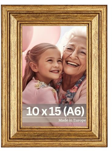 VictoR Bilderrahmen Goya in Gold in 10x15 cm (A6) - Leiste: 31x19mm - Fotorahmen im Vintage Stil mit bruchsicherem Acrylglas - Bilderrahmen 10x15 Gold
