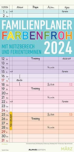 Familienplaner Farbenfroh 2024 mit 4 Spalten - Familien-Timer 22x45 cm - Offset-Papier - mit Ferienterminen - Wand-Planer - Familienkalender - Alpha Edition