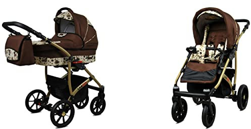 BabyLux Largo 2-in-1 Baby Kinderwagen Tief und Kinderwagen mit Zubehör Verstellbar und faltbar Aluminiumkonstruktion Wasserdicht Nicht abnehmbare Räder Chili Silver Gold Frame