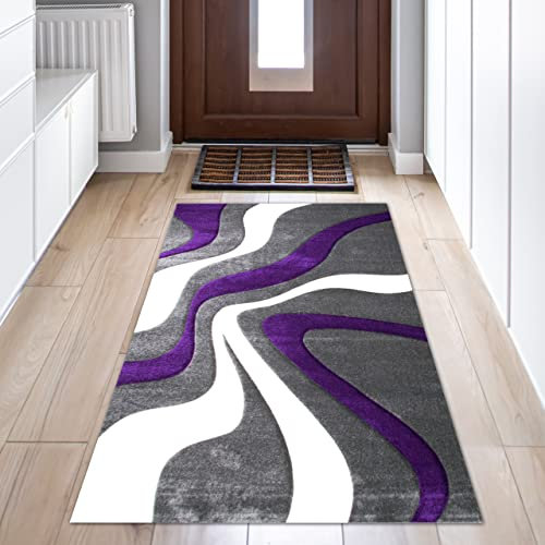 Wellenmuster Designer Teppich | lila grau weiß | pflegeleicht & strapazierfähig, 80 x 150 cm