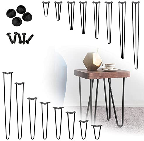 Izrielar Lot de 4 pieds de table en métal noir - 45 cm - Pieds de meubles - Pieds en épingle à cheveux - Avec protection de sol et vis - Pieds interchangeables