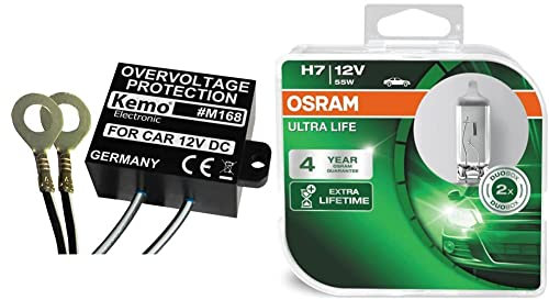 Kemo M168 Überspannungsschutz 12 V/DC. Unterdrückt Spannungsspitzen im KFZ-Bordnetz. Verhindert Beschädigung an empfindlicher Bordelektronik & Osram ULTRA LIFE H7, Halogen-Scheinwerferlampe