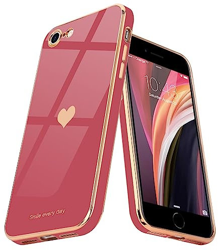 Teageo for iPhone 7/8/SE 2020/SE 2022 Case Cute Heart Pattern for Women Girls Slim Luxury Bling Plating Soft Shockproof Bumper, Bright Blush