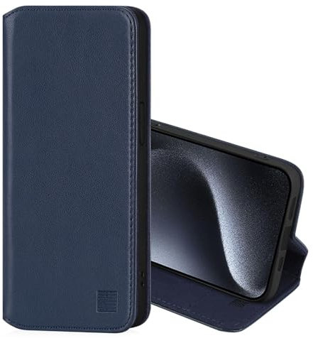 32nd Classic Series 2.0 - Real Leather Book Wallet Flip Case Cover For Apple iPhone 15 Pro Max (6.7), With RFID Blocking Card Slot, Magnetic Closure and Built In Stand - Navy Blue