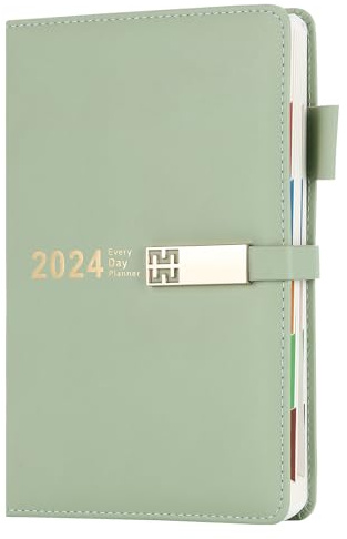Holderzwu 2024 Tagebuch A5 Seite pro Tag, Tagebuch 2024 Tag pro Seite, 12 Monate Tages-, Monatsplaner mit buntem Monatsregister, Hardcover-Organizer mit Lesezeichen, Innentasche, Stifthalter (grün)