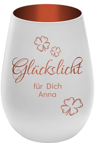 Windlicht mit Gravur Glückslicht - personalisierbar mit Wunschtext - Weiss/Kupfer - Höhe 12 cm - Geschenk Teelichthalter graviertes Kerzenglas