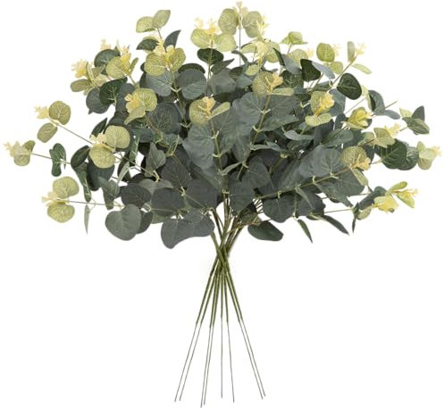 N&T NIETING künstliche Eukalyptus Stämme, 8 Stück Eukalyptus Blattpflanze, Grün Eukalyptus Stämme Blätter Sträuße für Blume Girlande Kranz Hochzeit Home Table Indoor Outdoor Dekoration