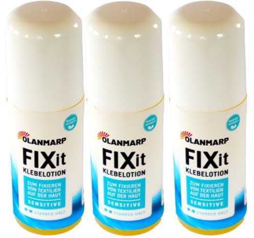 Olanmarp Hautkleber FIX IT - Spezielle wasserlösliche Klebelotion für sicheren Halt von Textilien, Kompressionsstrümpfen und mehr! Made in Germany (180 ml (3x60ml))