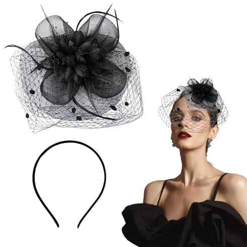 1 diadema de velo, tocado de malla, accesorio para el pelo de novia, clip de flores con plumas, diadema con sombrero (negro)