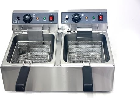HAKKA Electric Double Deep Fat Fryer, 20L Commercial Deep Fryer Stainless Steel Countertop Fryer with 2 Chip Baskets &Lids, Adjustable Temperature Control (240V 3+3KW)