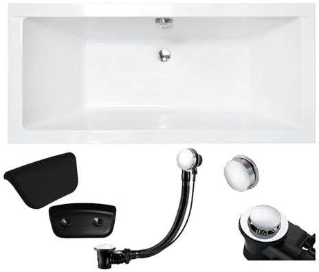 KOLMAN Badewanne Rechteck Wanne Bad Acryl Weiß Exclusive Modern Quadro 165x75 + Badewannekissen KODI Schwarz + Ablaufgarniture & Füße
