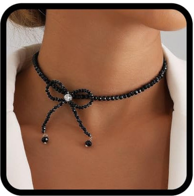 Zoestar Halskette mit Schleife, schwarze Perlenkette, Kristall-Halskette für Damen