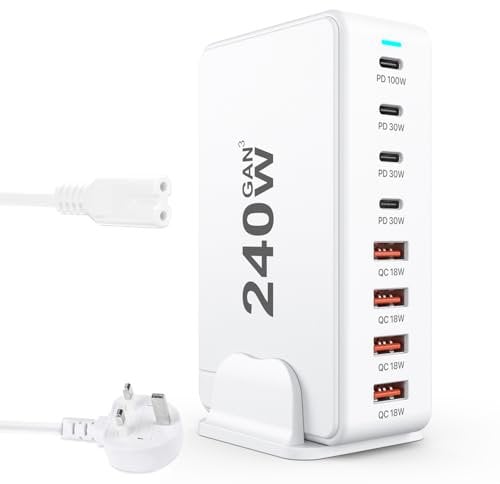 USB C Charging Station, 240W GaN USB C Charger, 8 Port USB Fast Charger Block with PD100W, USB C Portable Wall Charger Power Adapter Plug for Samsung/iPhone/Google, Laptop Charger for MacBook Pro/Air