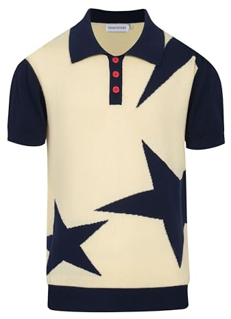 OXKnitstore OXKNIT Polo Hommes Manches Courtes Motif Étoile Décontracté Vintage Bleu Foncé Beige Tricoté Polo