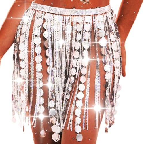 Ushiny Rock mit Paillettenquaste Silberne Fransenröcke Festival Outfit Bauchtanz Hüfttuch Rave Accessoires für Frauen und Mädchen