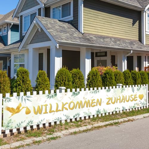 LOHAME Willkommen Zuhause Banner 300 x 50cm Größe Banner zur Geburt Baby Grün Eukalyptus Storch Geburt Partysbanner Babyparty Hintergrund Deko Welcome Home Dekoration für Junge Mädchen Kleinkinder
