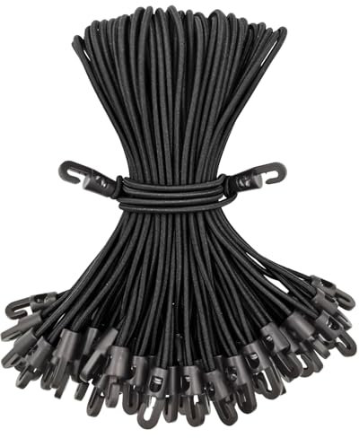 BINCKIN Small Bungee Cords with Hooks 50 Pcs, Short Bungees with Hooks 10 Inch, Tarpaulin Hooks for Camping Tarp, Tents, Canopy and Fixings (Black)