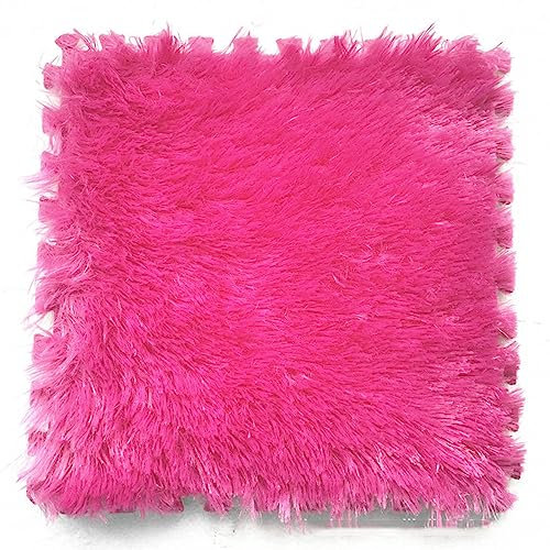 Tapis en peluche doux Tapis d'épissage, Lot de 10 dalles de moquette en mousse à poils longs antidérapantes 12 x 12 pouces, tapis de jeu carré lavé avec bordure, for sol de la pièce(Rose Red)