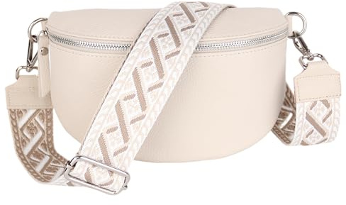 MIRROSI® Bauchtasche Damen, Echtleder, Made in Italy, Umhängetasche, Brusttasche, Crossbody Bag (1 Tasche & 2 Gurte) (Beige (Kette), Mittelgroße Tasche (25x16x7cm))