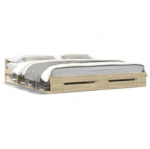 IKAYAA Bett 200x200 mit schubladen Bettgestelle mit Lattenrost und Schubladen Stauraumbett 200x200 Bett mit Stauraum und Kopfteil Doppelbett Holzbett Jugendbett-Sonoma Eiche-200 x 200 cm