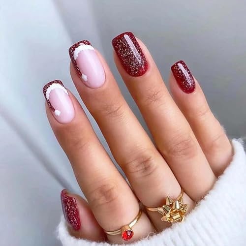NLFOX Square Christmas False Nails - 24PCS Short Press On Nails - Glitter Red Color with Christmas Hat Pattern - 12 Sizes Choice - Glossy Full Cover Nail DIY Nail Art