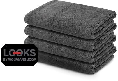 LOOKS BY WOLFGANG JOOP 4X Handtuch 50x100 cm – 100% Baumwolle Luxus Handtücher mit Aufhänger & Logostick, 4er Set Handtücher grau
