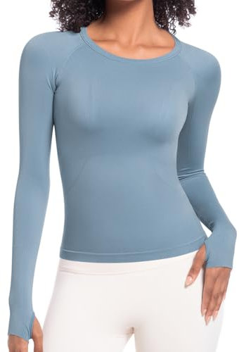 Women's Gym Tops Seamless Sports T-Shirt Basic Long Sleeve Tee Shirts with Thumb Holes Slim Fit Stretchy Yoga Tops Blue
