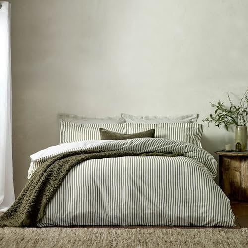 furn. Yard Hebden Mélange Stripe Cotton Duvet Set – Ultra Soft Reversible Striped Bedding (Olive – Double)
