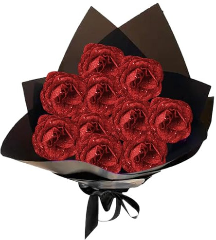 Glitter Roses Bouquet 1 Set Realistic Artificial Rose Bouquet Set Includes 10 Rose, 10 Stem, 2 Wrapping Paper & 2 Ribbon Romantic Everlasting Flower Bouquet for Wedding, Valentine, Red