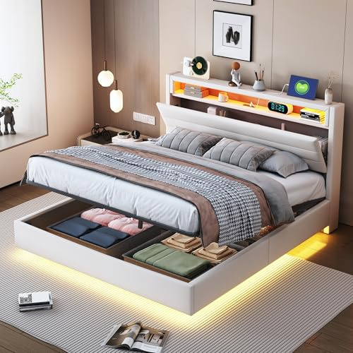 Merax Bettkasten 140 x 200 cm, Bett mit LED-Beleuchtung und USB-Stecker, Erwachsenenbett mit Stauraum, Leinenstoff, Beige (ohne Matratze)