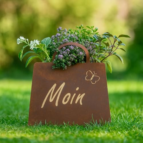 Der-Porzellan-Laden Edelrost Tasche Moin mit Schmetterling, bepflanzbar aus Metall in Rostfarben, 1 Stück, 32 x 30 cm – dekorative Pflanzgefäße für Innen- und Außenbereich