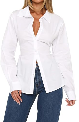 MISSACTIVER Women's Lapel Collar Button Down Shirt Cinch Waist Long Sleeve Casual Work Dressy Tunics Blouse Corset Tops