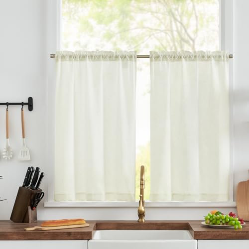 TOPICK Scheibengardinen Küche Elfenbein Leinen Bistrogardine mit Tunnelzug Küchengardinen für Balkontür Wohnwagen Landhausstil Bauernhaus Gardinen Kurz Halbtransparente 2er Set 65Bx60HCM
