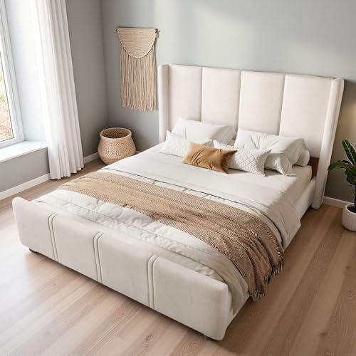 Seyakany Cadre de lit 160x200 avec sommier à Lattes et Port USB,lit Double capitonné Adulte,2 Personnes 160x200,tête et Pied de Hauts,Cadre en Fer et de Bois,Stable et Durable,Beige