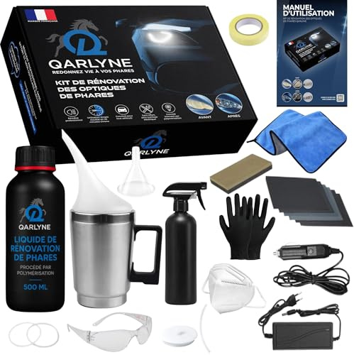 Qarlyne [Marque Francaise] Renovateur Phare Voiture | Premium | Kit Renovation Phare Voiture | Kit Restauration Phare Voiture, Polish, Ponçage Phares Auto Moto | Nettoyant Rénovateur Phare Opaque