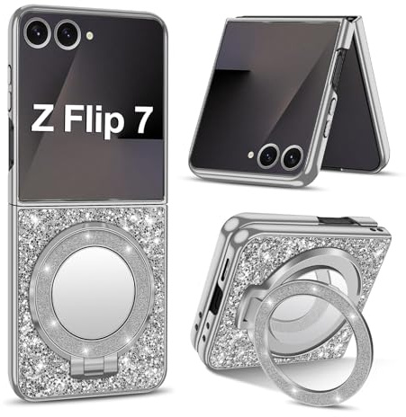 Fiyer für Samsung Galaxy Z Flip 7 Hülle Glitzer Bling Sparkle Original Handyhülle für Samsung Z Flip 7 5G Case mit Spiegel Ständer, Magnetische Stoßfest Anti-Kratzer Case Galaxy Z Flip 7 (Silber)