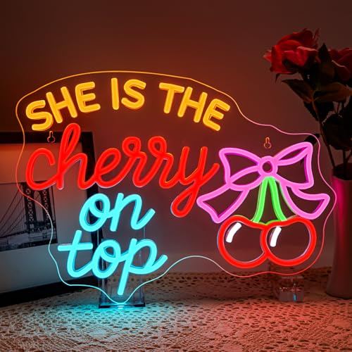 ineonlife She is the Cherry On Top Neon Schild Kirsche Led Schild Led Schriftzug für Wand Dekor Leuchtschilder Zeichen für Geburtstag,Mädchenzimmer,Yogaraum,Party,Geschenk für Mädchen
