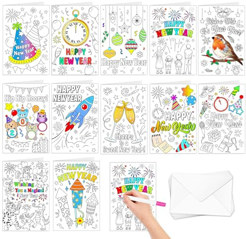 DPKOW Kids Colouring New Year Cards with Envelopes, 12 x Colouring Cards New Year Greeting Card for Kids Children Crafting DIY New Year's Eve Party Favour Creative Activities