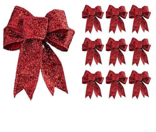 10 coronas de lazo para árbol de Navidad de tela diseñadas para decoración de temporada, adornos de fiesta y mejorar el ambiente festivo con estilo (rojo)