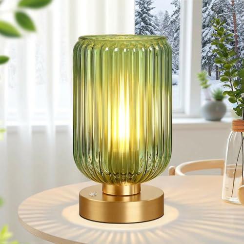 IRONDELIC Tischlampe Kabellose, LED Tischleuchte aus Grün Glas Dimmbar | Wiederaufladbare, Touch-Schalter, 7500mAh Lange Akkulaufzeit, Nachttischlampe für Schlafzimmer, Wohnzimmer (Warmweiß)