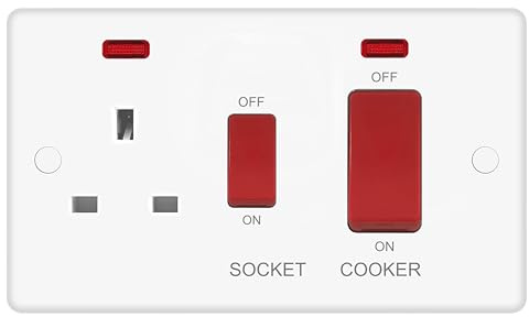 EVOGES Vector Cooker Control Unit – 45A Double Pole Switch with Neon & 13A Switched Socket with Neon, White Gloss Double Plate, Cooker Isolation & Power Socket, Includes Fixing Screws & Screw Caps, UK